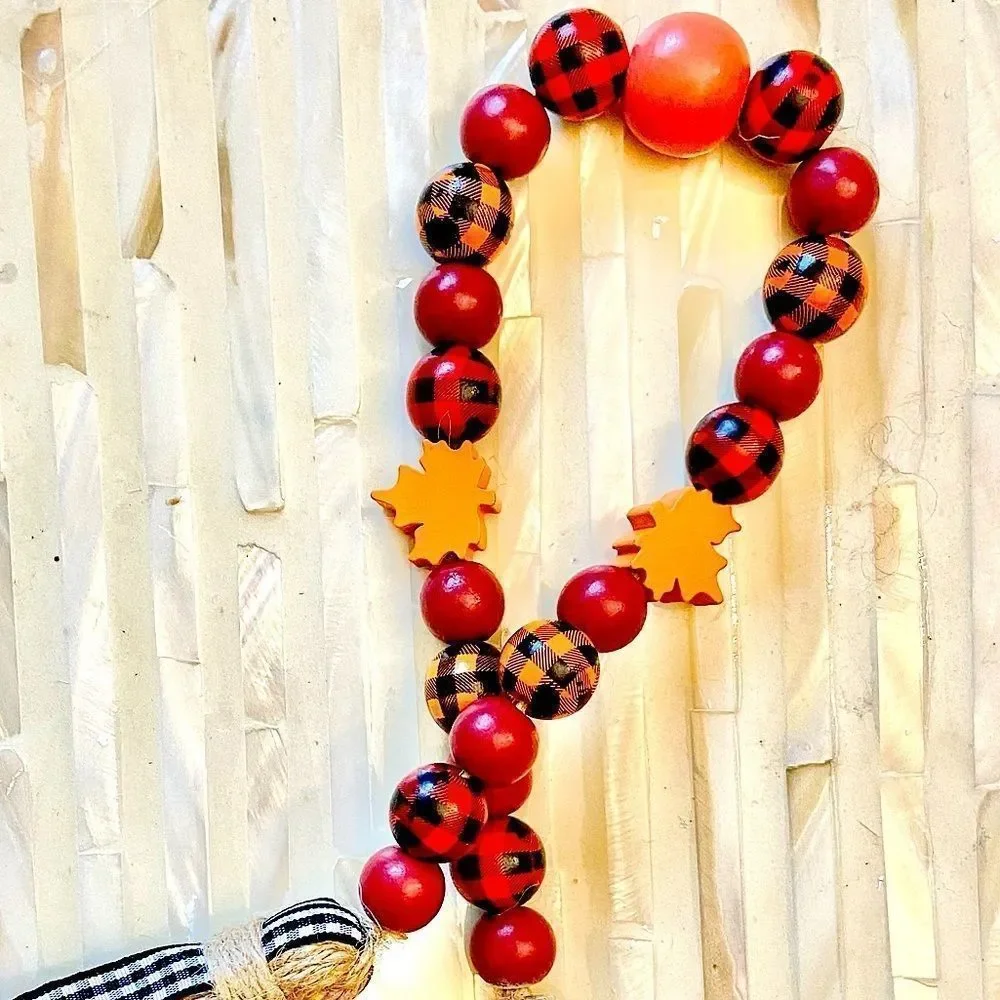 NEW Wood Bead Garland with Plaid Tassels